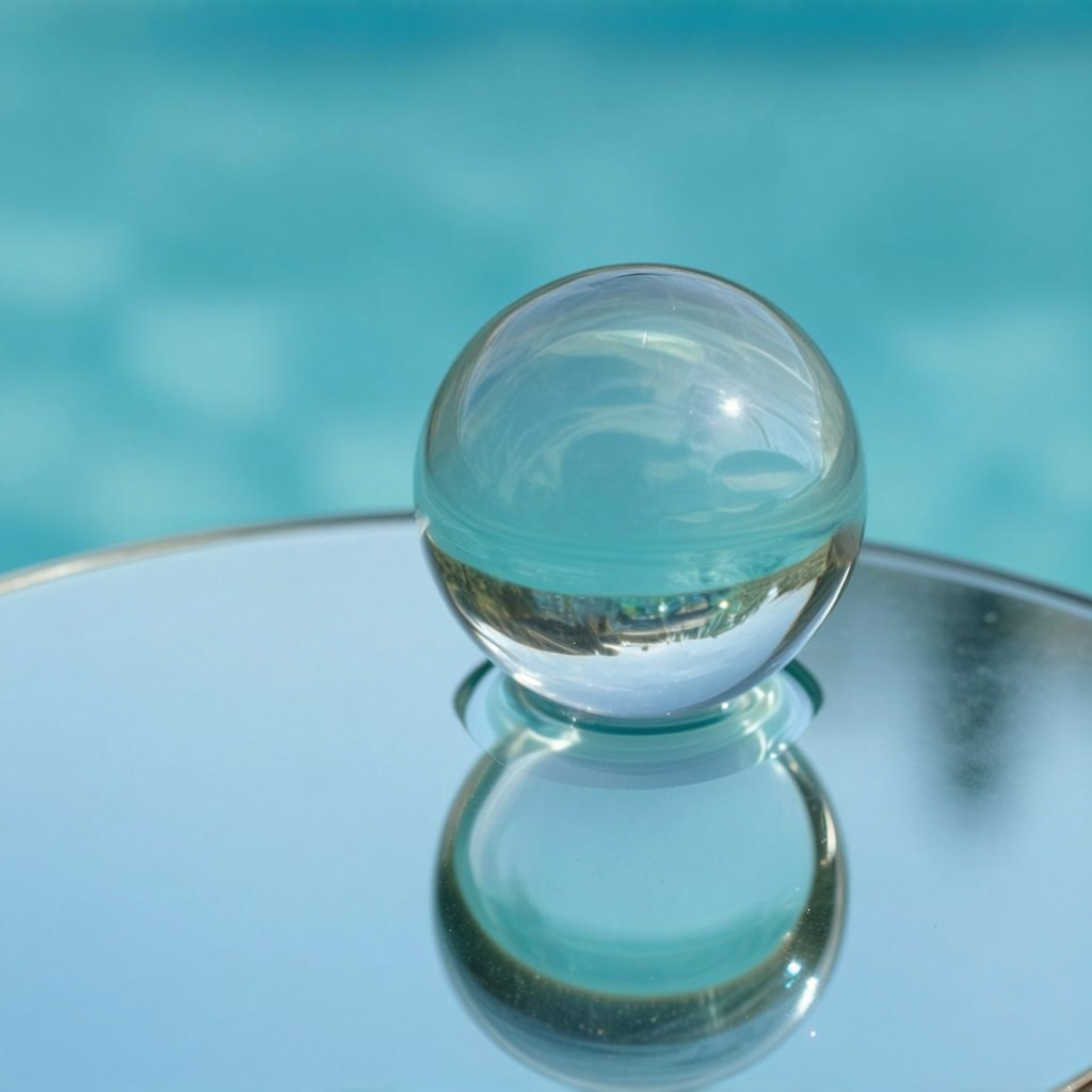 A clear glass sphere sitting on a mirror surface near a pool