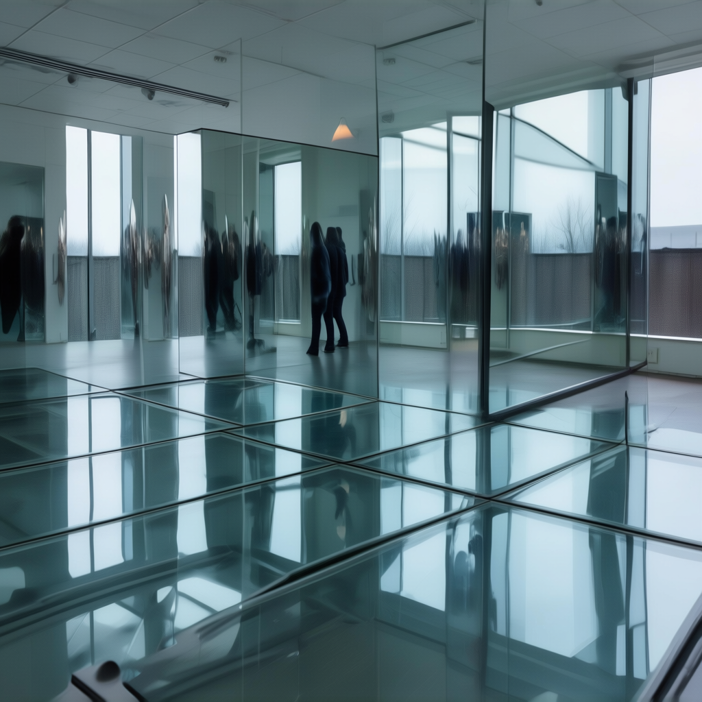 A chrome sculpture in a room with a glass floor and large wi
