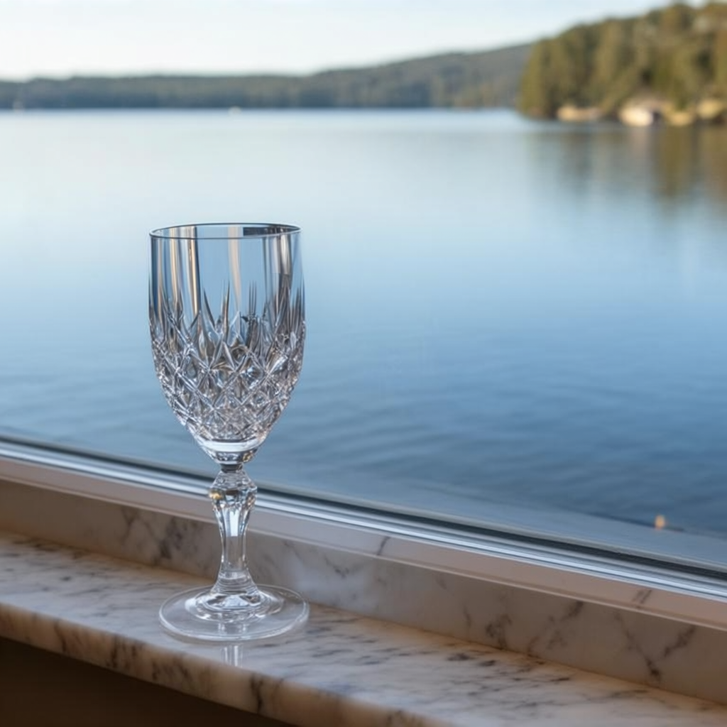 A crystal wine glass on a polished marble counter next to a 