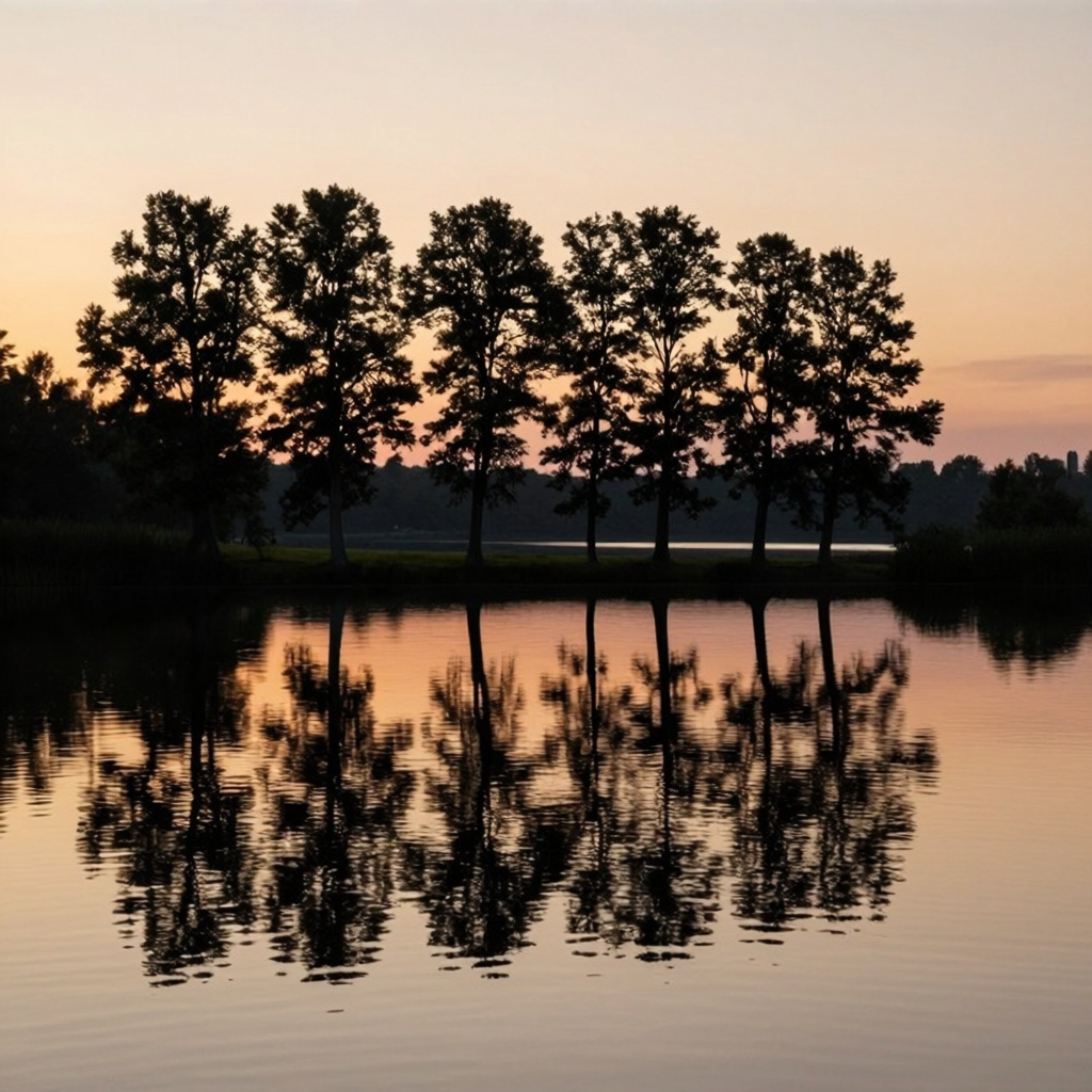A row of trees reflected in a calm lake at sunset, with the 