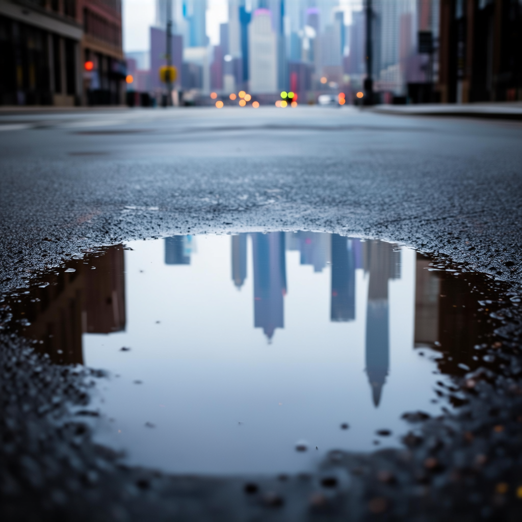 A city skyline reflected in a rain puddle on a street, with 