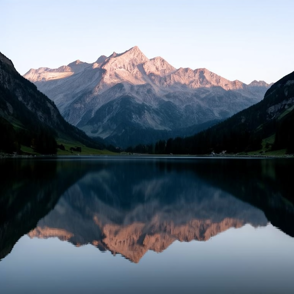 A mountain range reflected in a still alpine lake, with the 