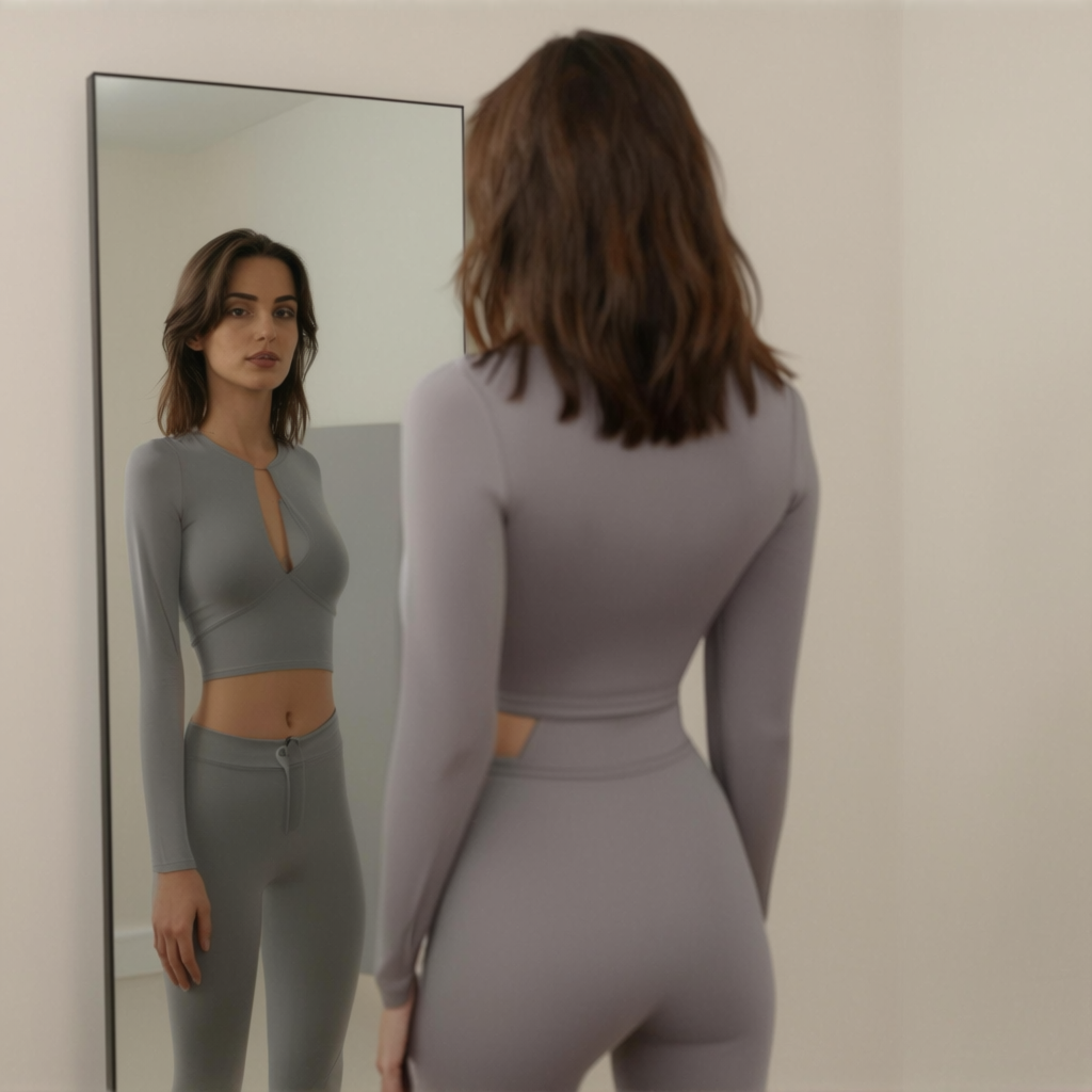 A woman standing in front of a full-length mirror, her refle