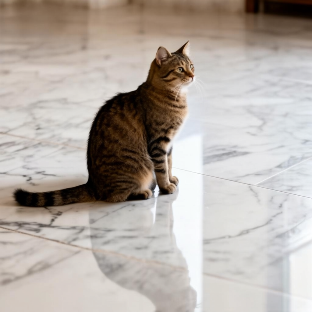 A cat sitting on a polished marble floor with its reflection