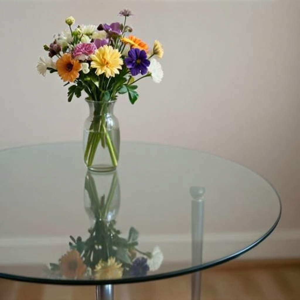 A vase of flowers on a glass table with a clear reflection v