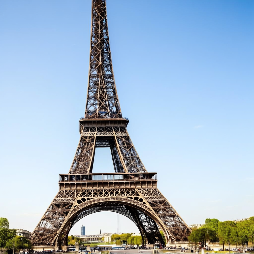 The Eiffel Tower in Paris on a clear day, architecturally ac