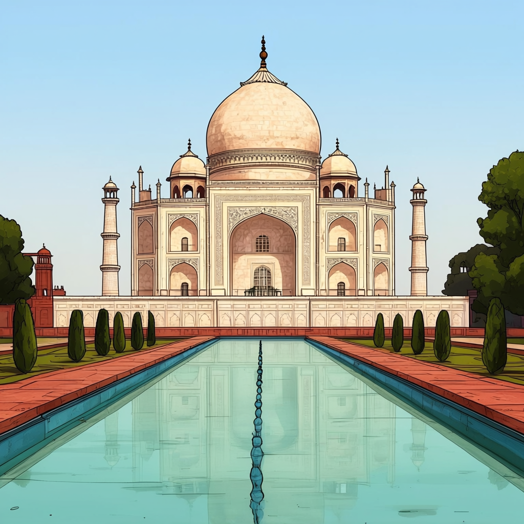 The Taj Mahal in Agra seen from the reflecting pool, with ac