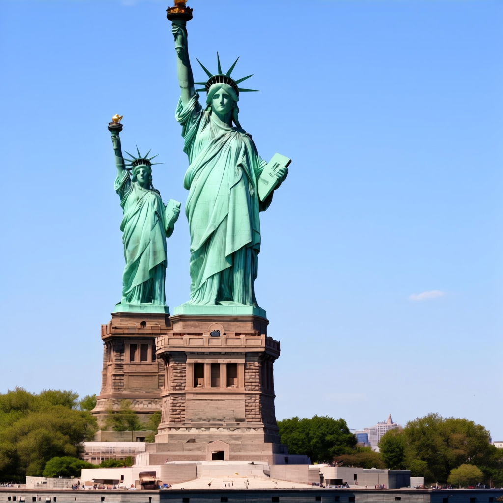 The Statue of Liberty on her island pedestal, with correct t
