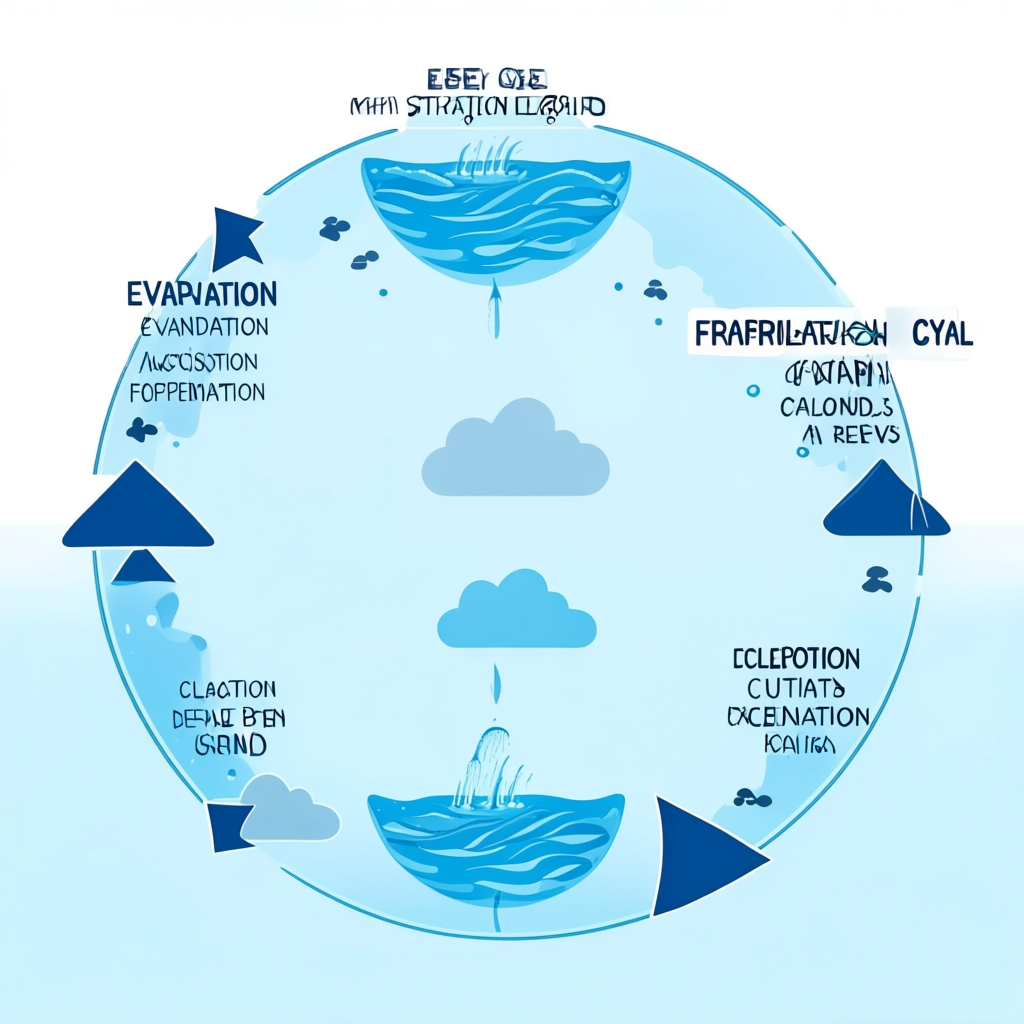 A detailed diagram of the water cycle showing evaporation fr