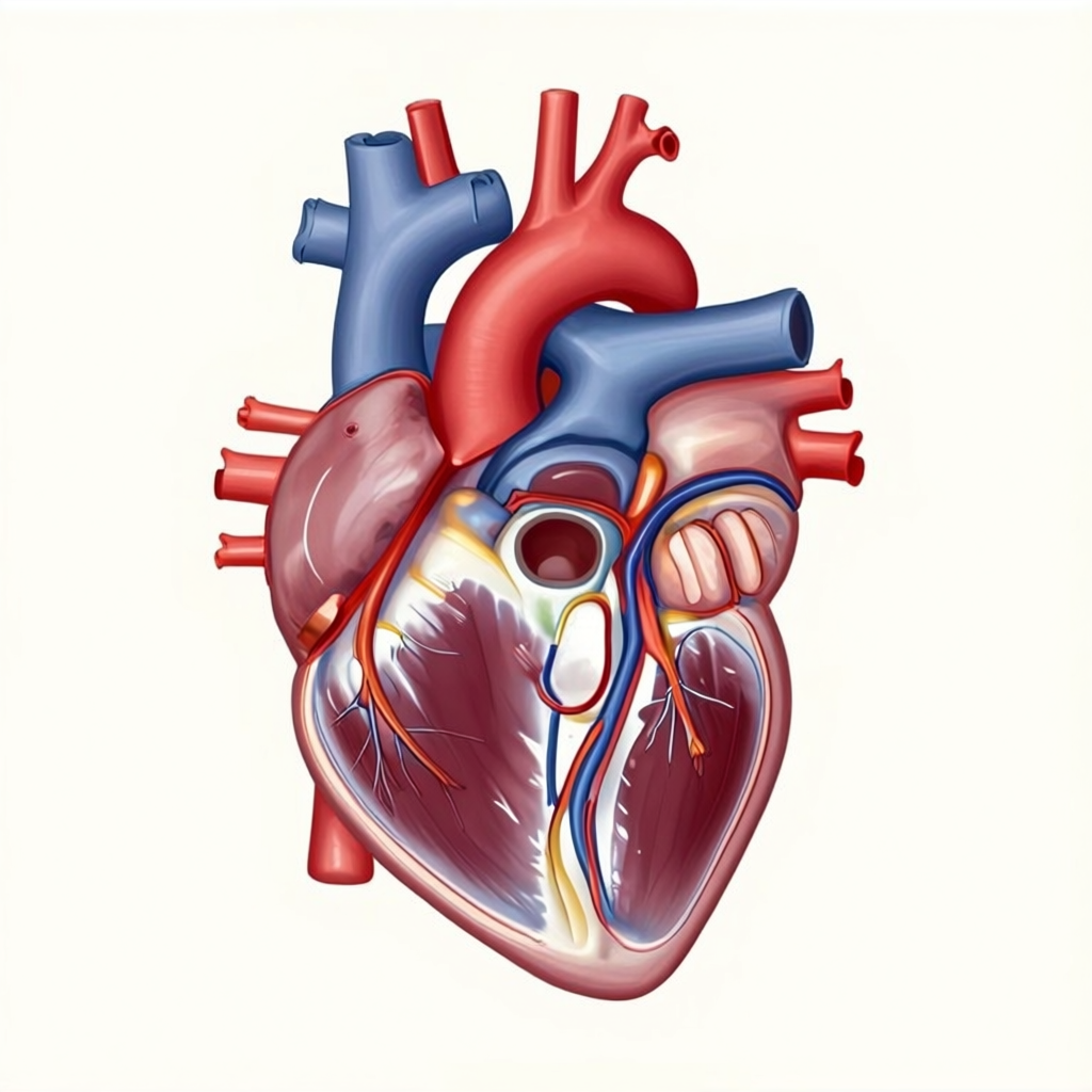 An anatomical illustration of the human heart showing four c