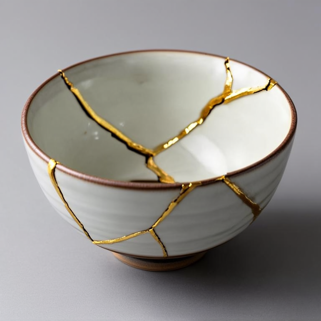 A Japanese kintsugi bowl — cracked ceramic repaired with vis