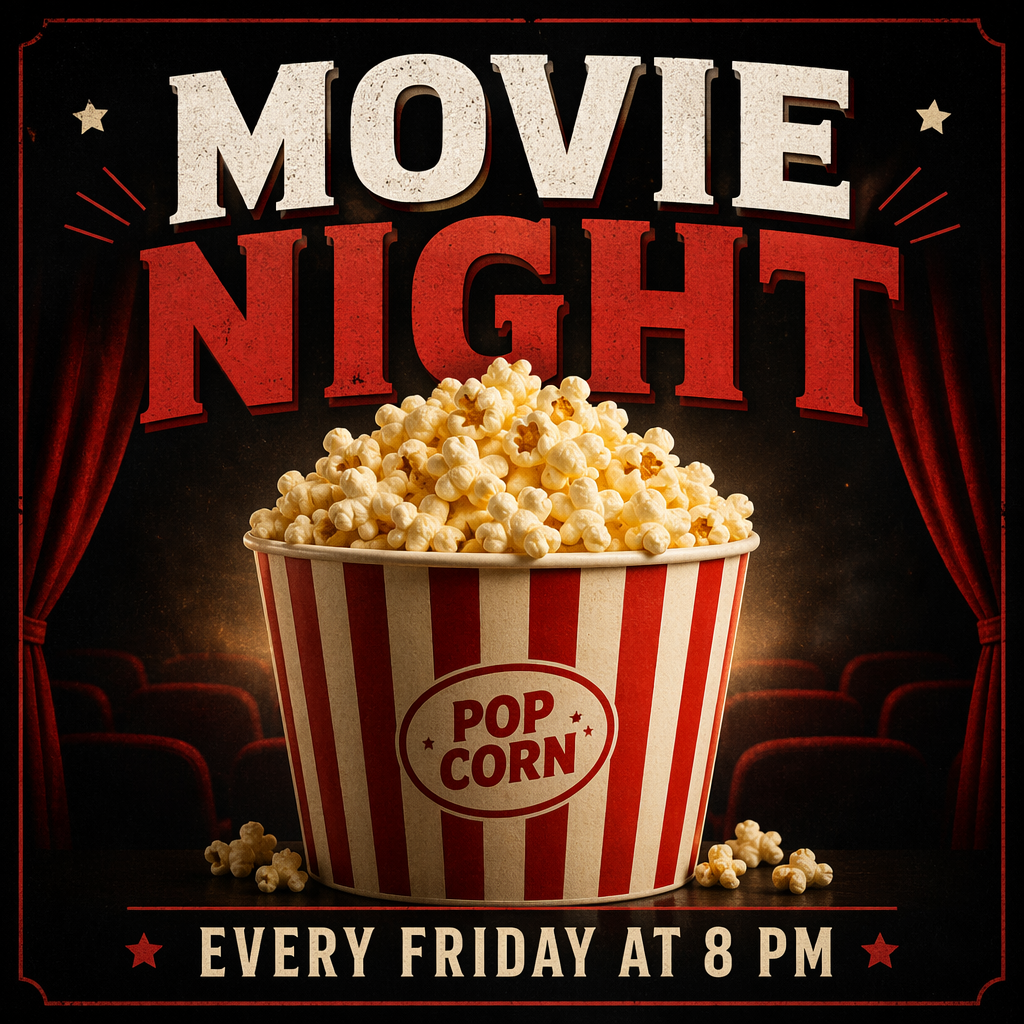 A movie night poster with a large popcorn image in the cente