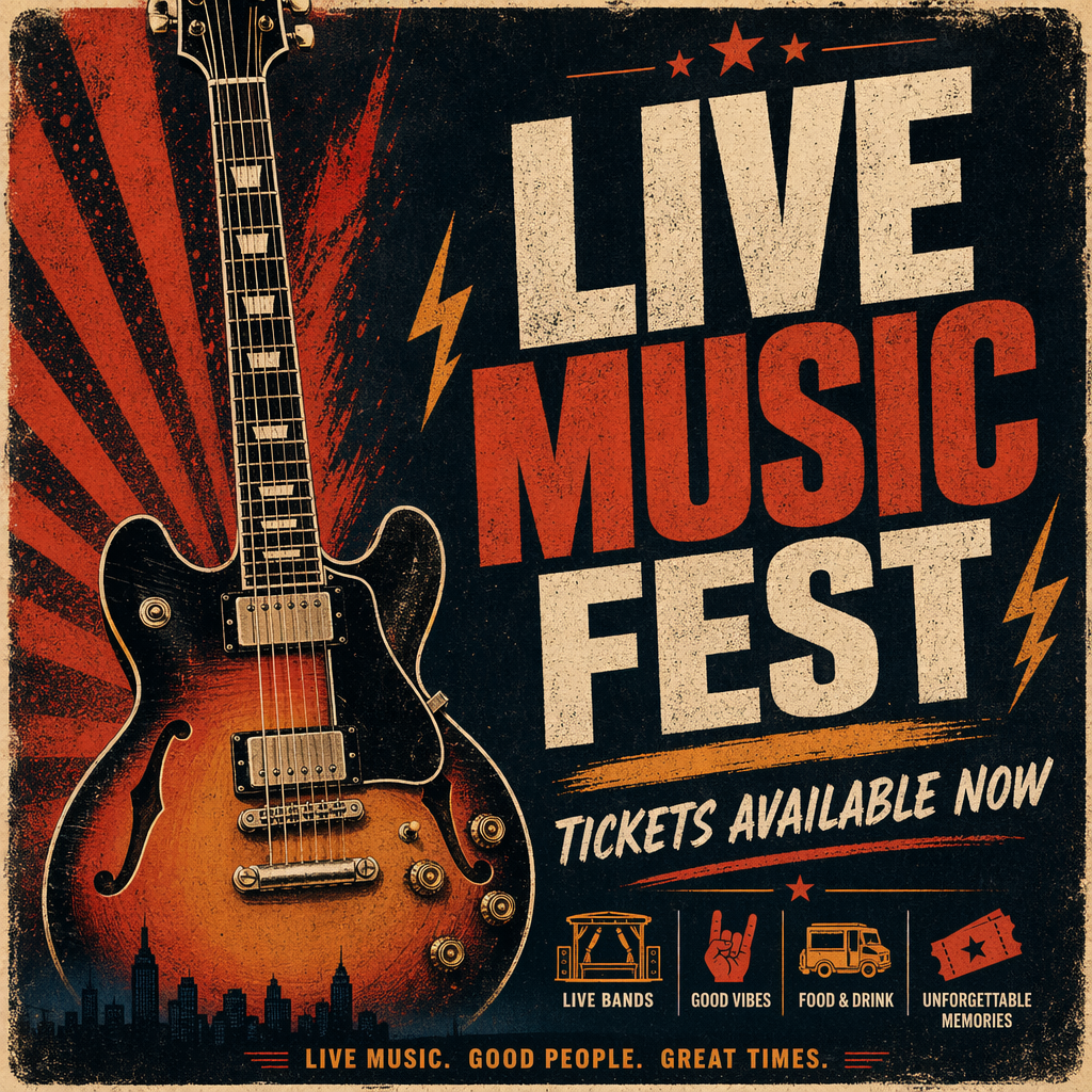 An event poster featuring a guitar illustration, the headlin