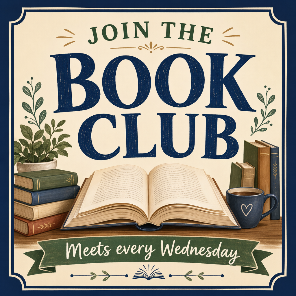 A book club poster with an open book illustration, the title