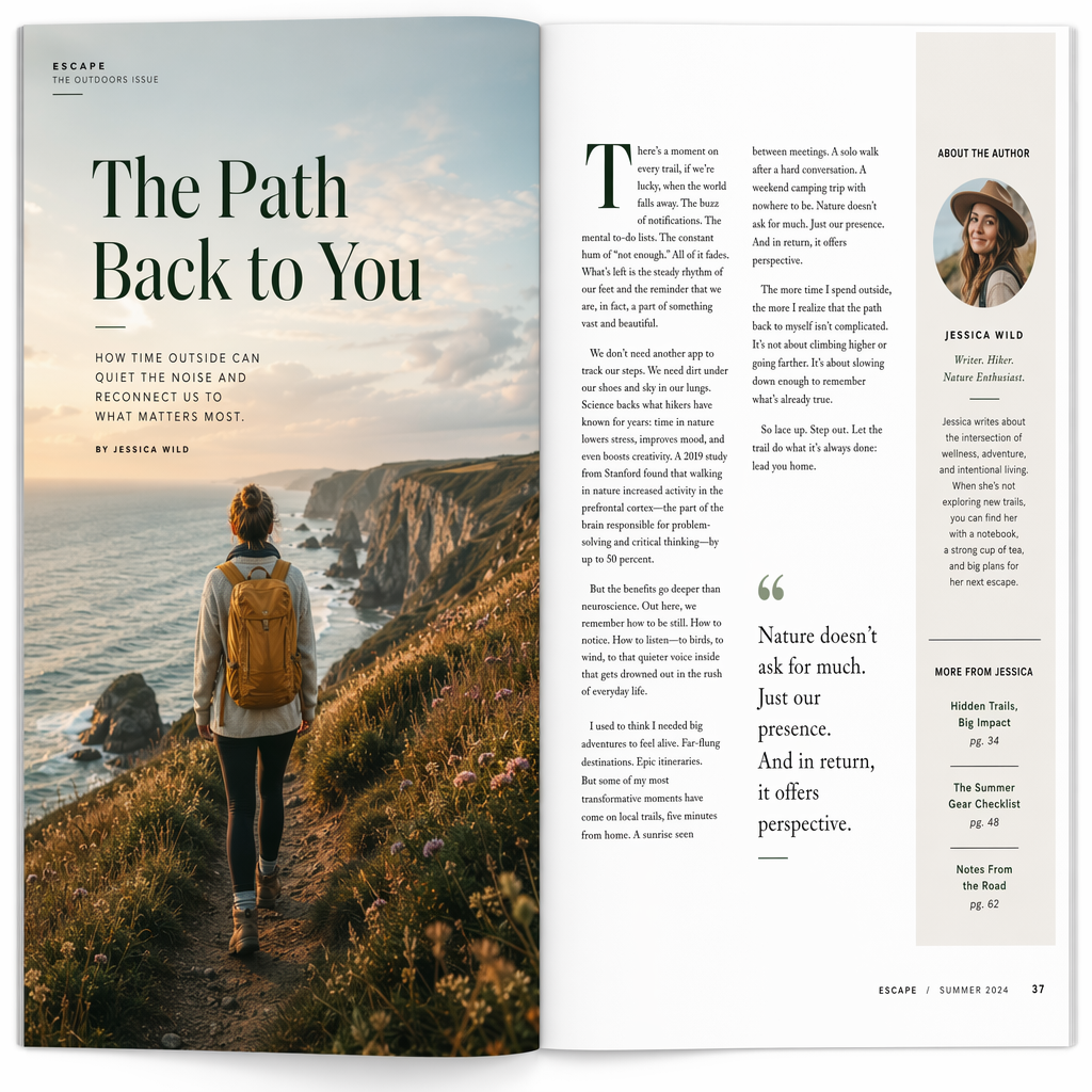 A magazine double-page spread with a left page containing a 