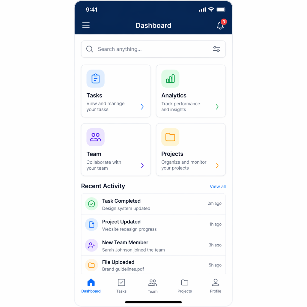 A mobile app UI mockup showing a dashboard with a top naviga