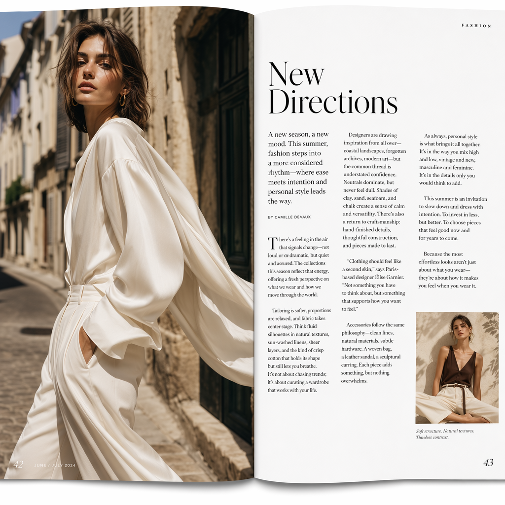 A fashion magazine spread with a full-bleed left-page photo,