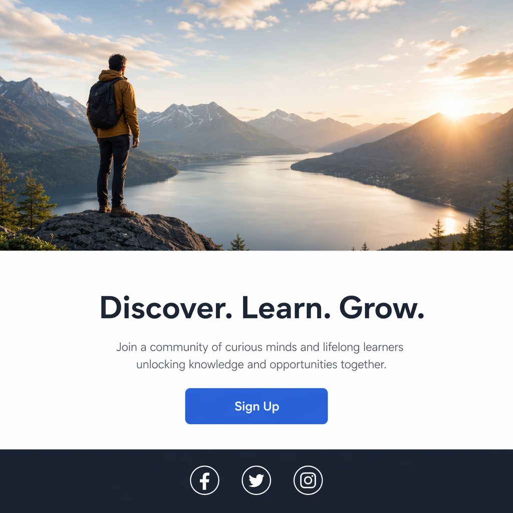 A landing page design with a hero header image at the top, a