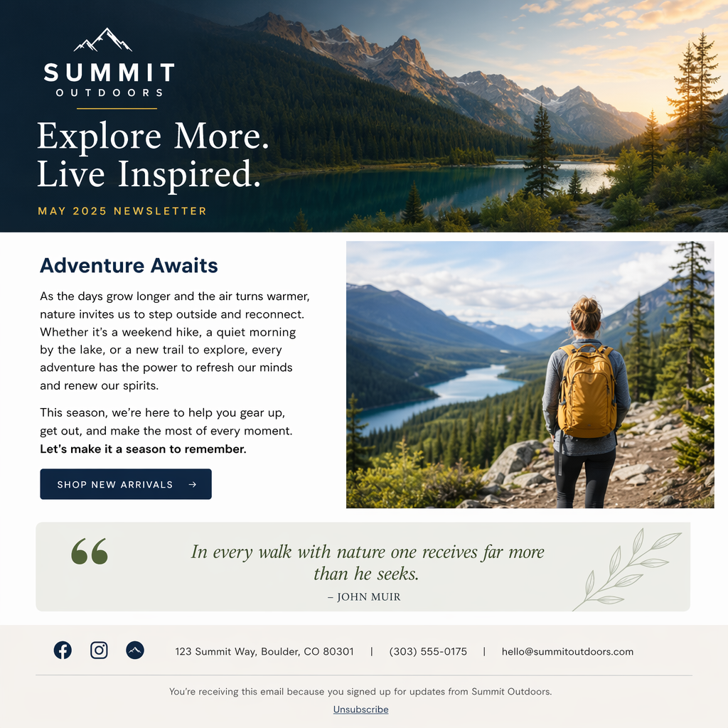 A newsletter layout with a banner image header, a two-column