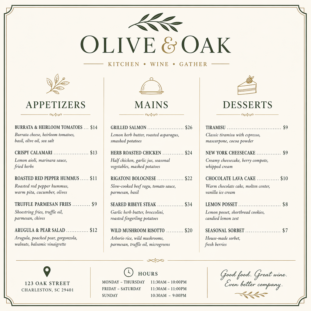 A restaurant menu layout with a logo header, three category 