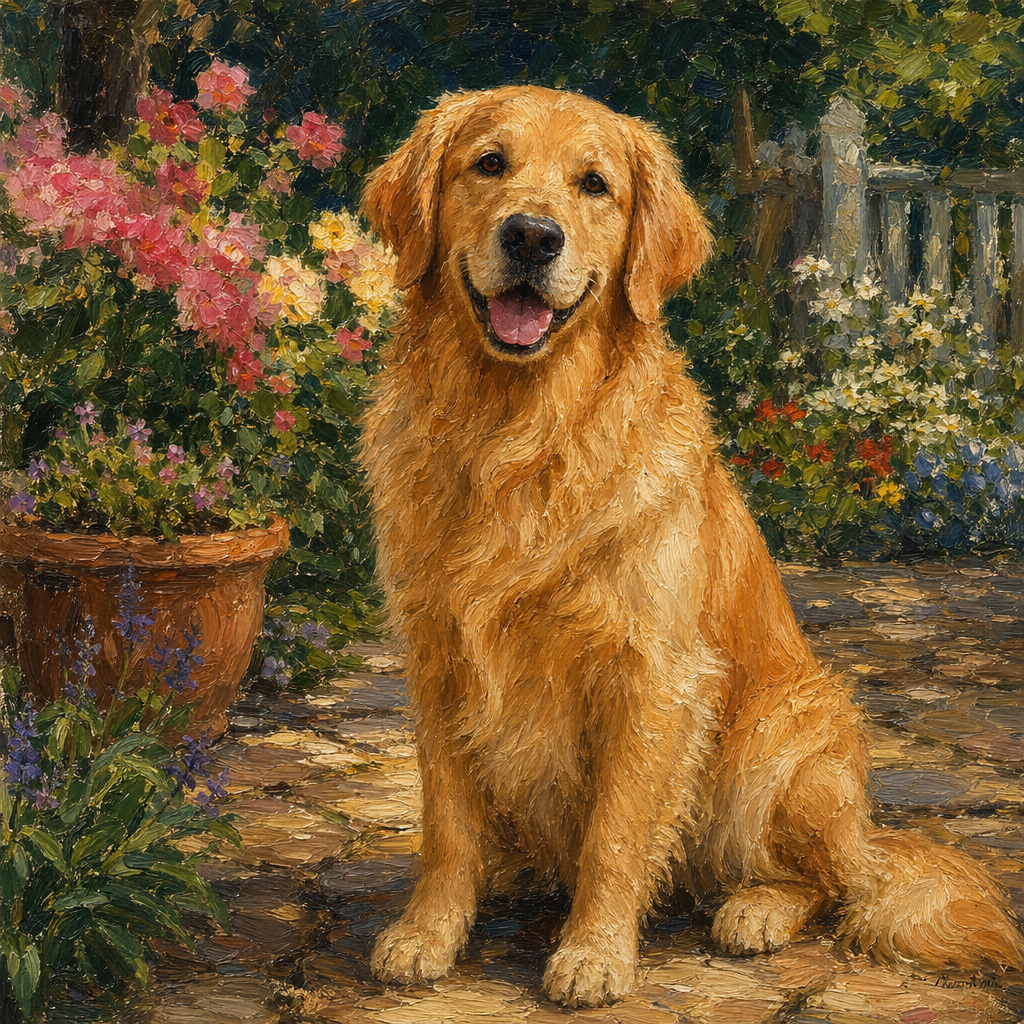 A golden retriever sitting in a garden, painted in the style
