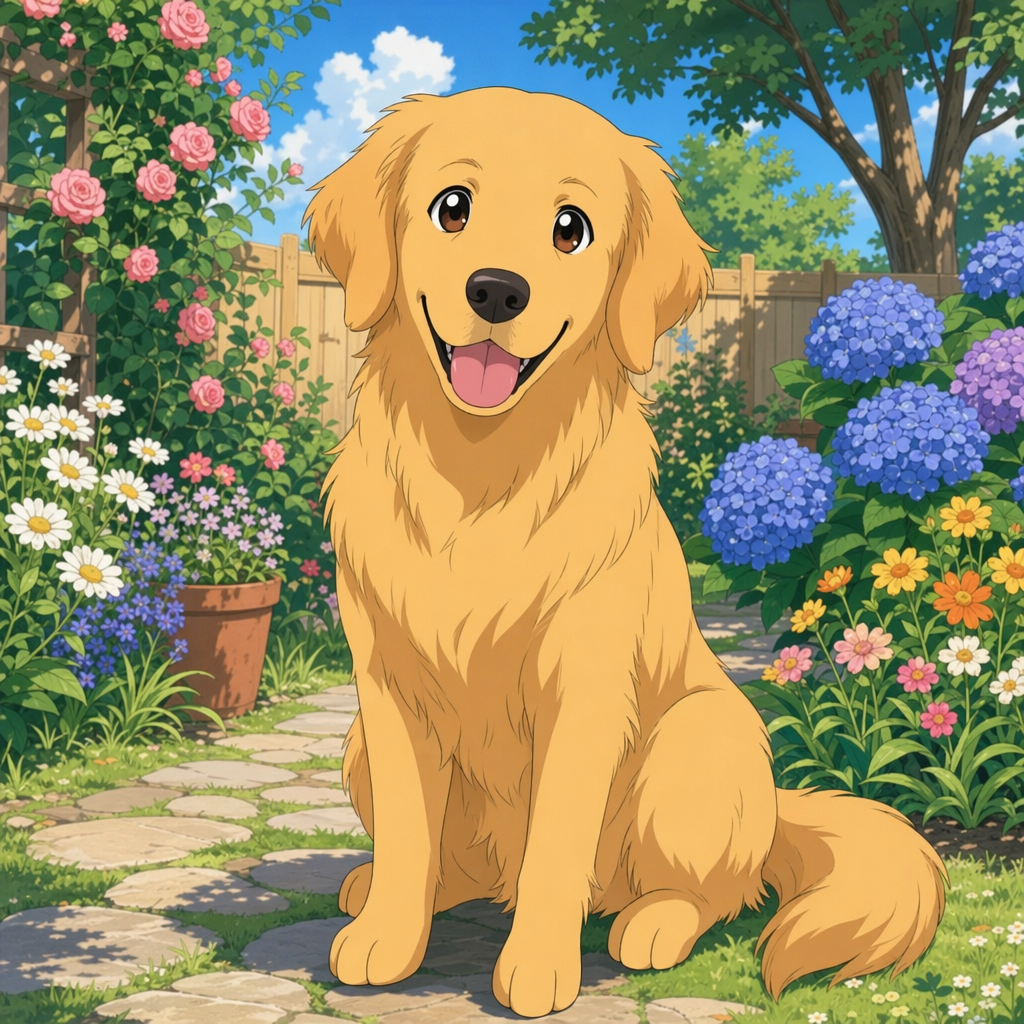 A golden retriever sitting in a garden, rendered in Japanese