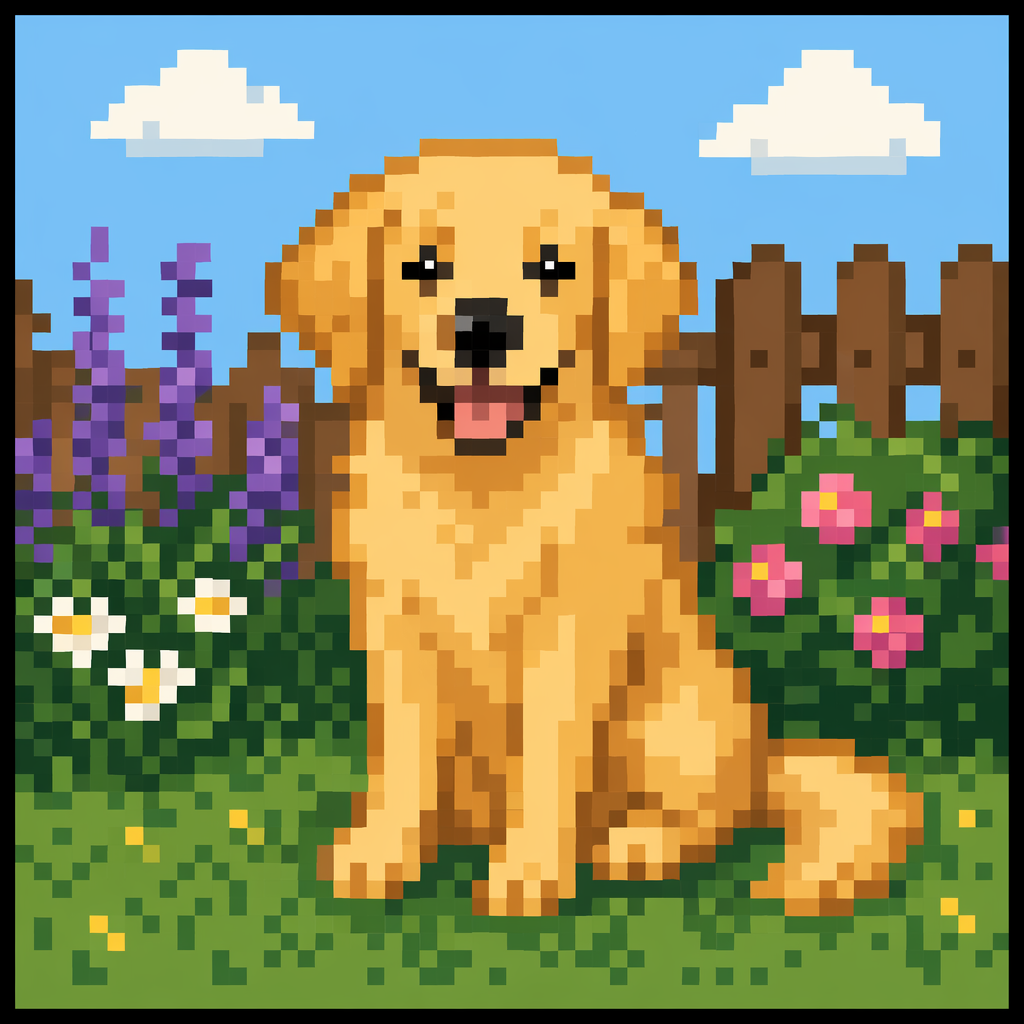 A golden retriever sitting in a garden, rendered in pixel ar