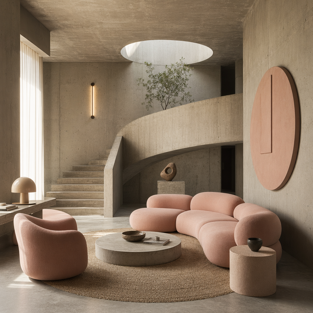 An interior scene rendered in soft brutalism — raw concrete 
