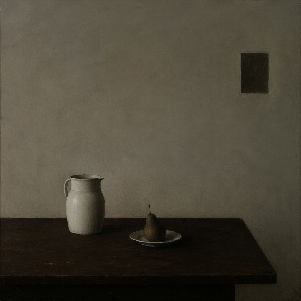 A still life painted in anxious minimalism — sparse composit