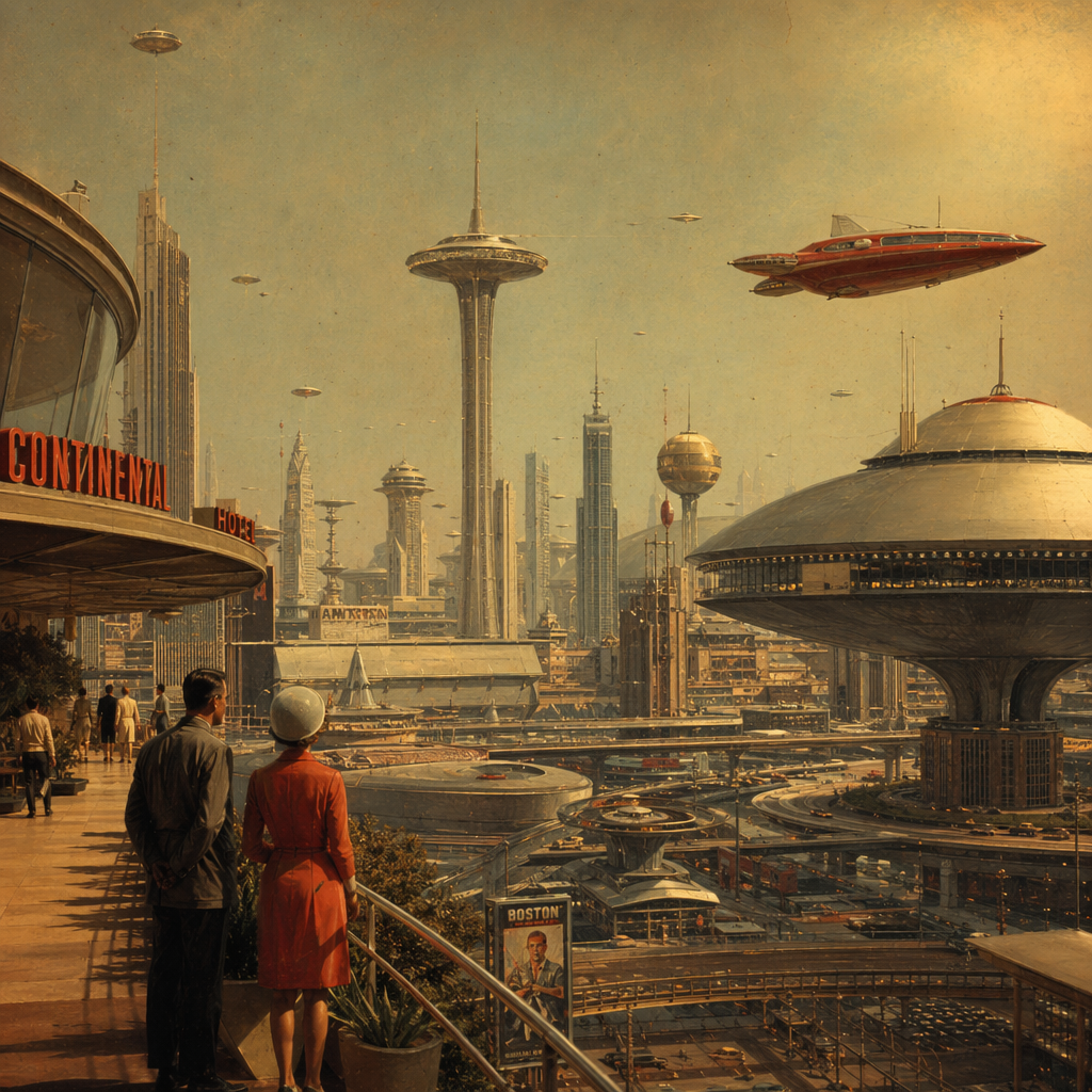 A cityscape rendered in nostalgic futurism — retro-futuristi