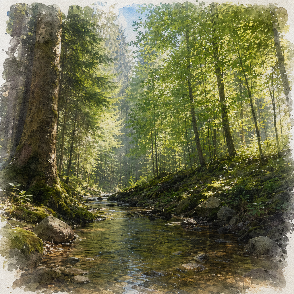 A forest rendered in photorealistic watercolor — the detail 