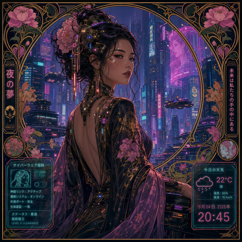 A woman in a futuristic city rendered in cyberpunk Art Nouve