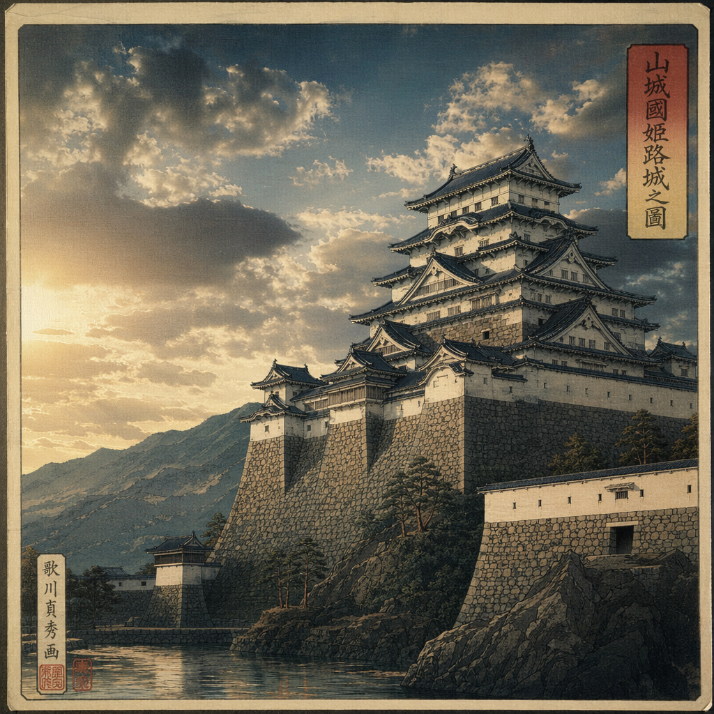 A medieval castle depicted in Japanese ukiyo-e woodblock pri