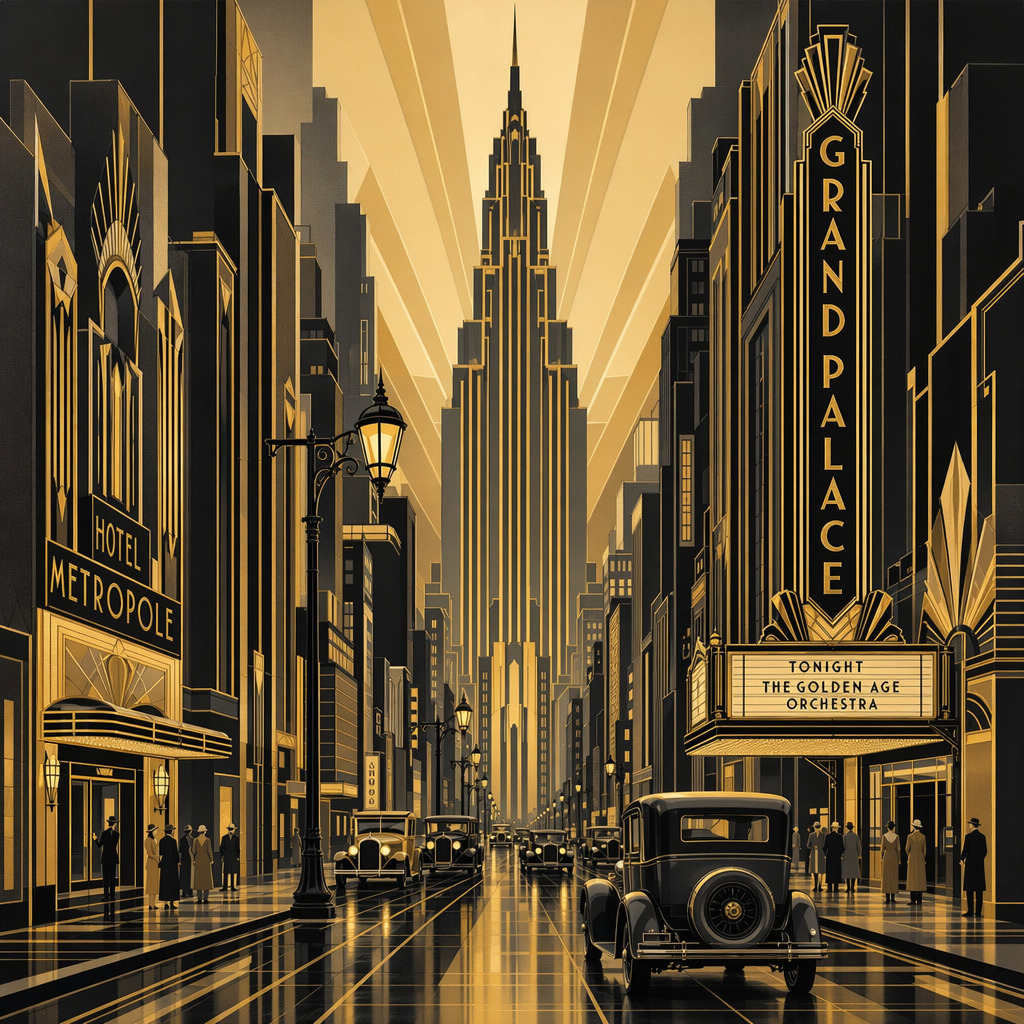 A city street scene in the style of Art Deco — geometric sha