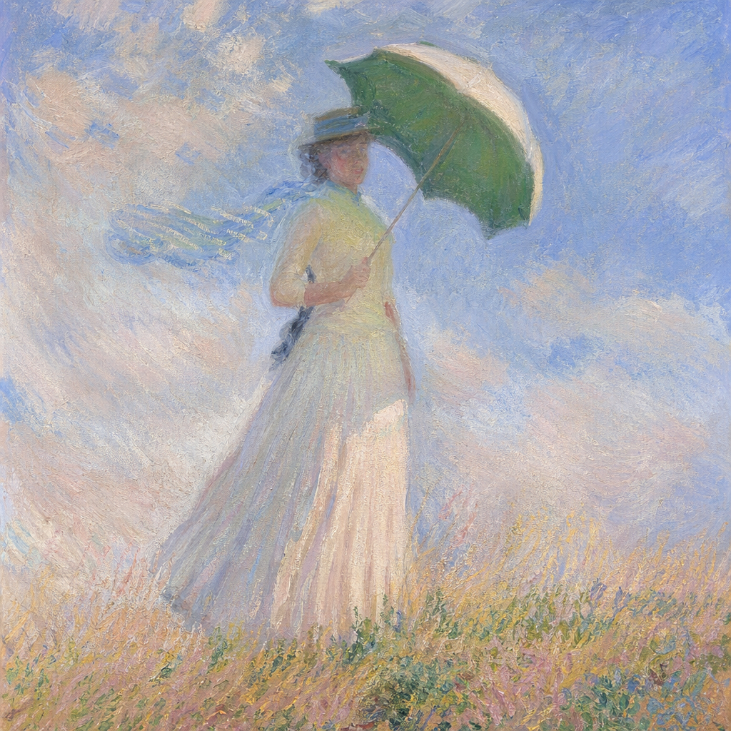 A woman with a parasol in the style of Impressionism — soft 