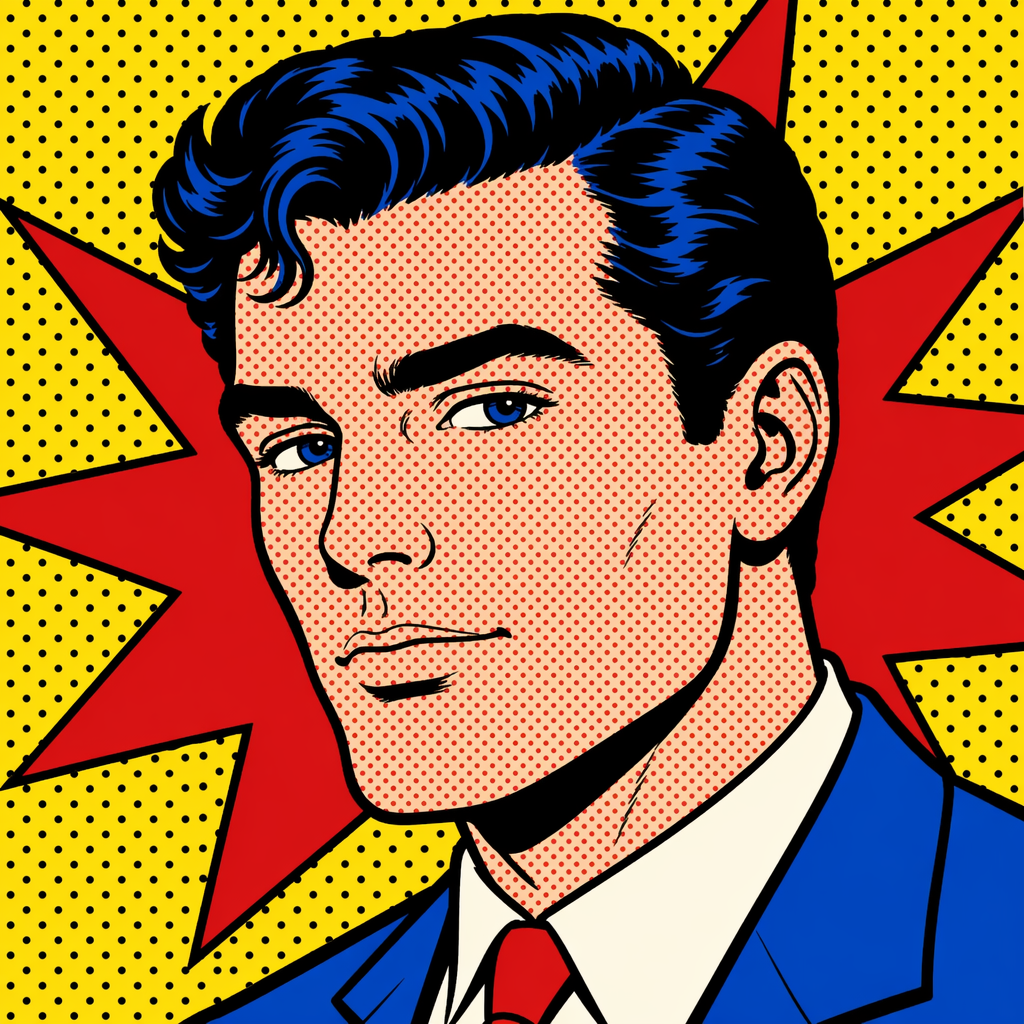 A portrait of a man in Pop Art style — bold outlines, Ben-Da