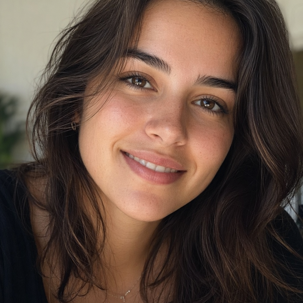 A close-up portrait of a young woman with a warm natural smi