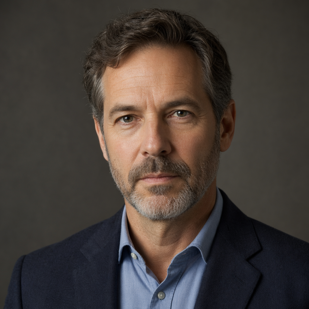 A portrait of a middle-aged man with a calm, serious express
