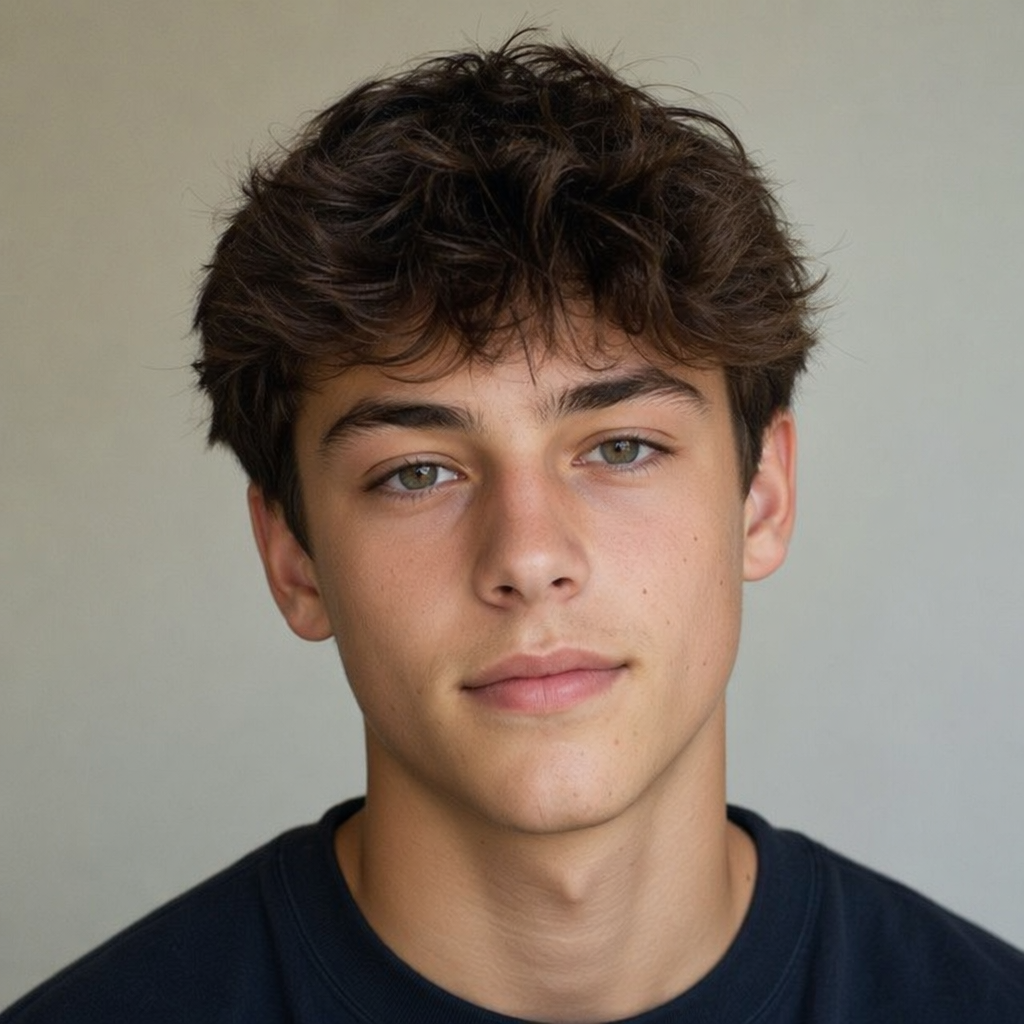 A headshot of a teenager with a relaxed, neutral face