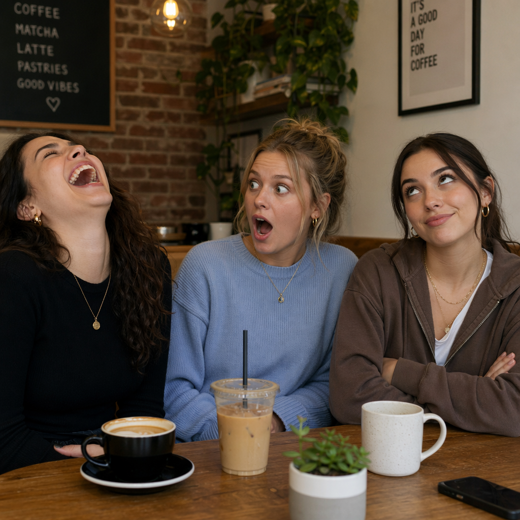 A group of three friends at a table: one laughing with head 