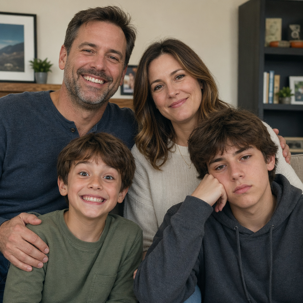 A family photo with four people: a father beaming with pride