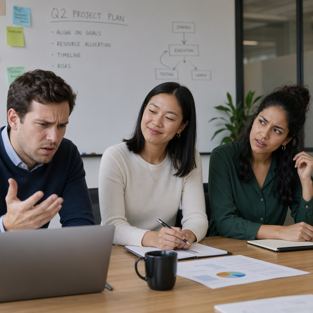 Three coworkers in a meeting: one looking frustrated with fu