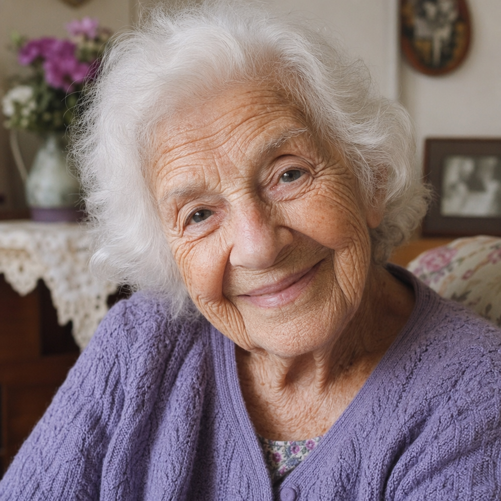An elderly woman in her 80s with deep wrinkles and white hai