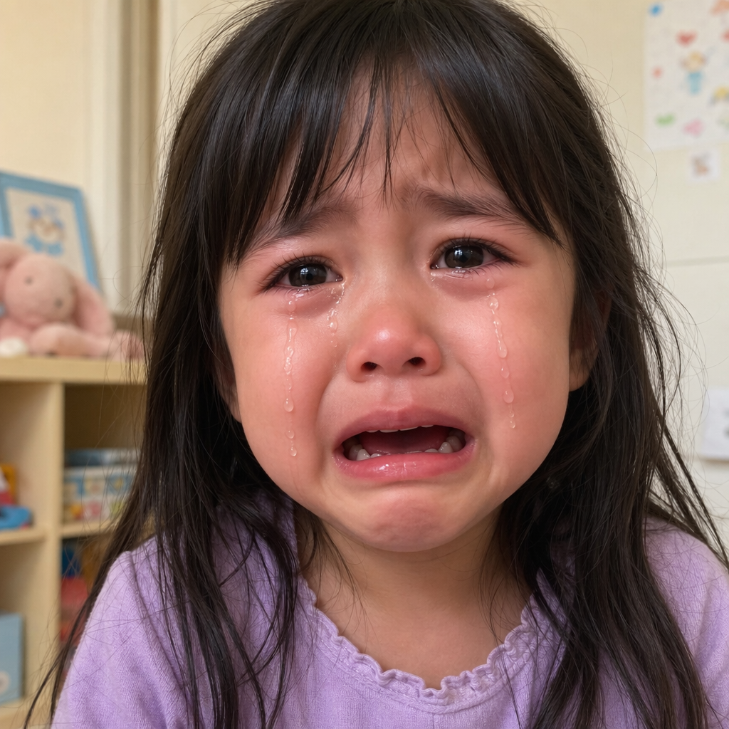 A 5-year-old child with round cheeks and large eyes, crying 