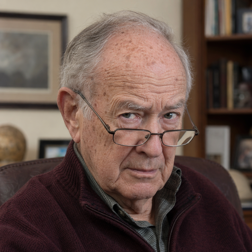 An elderly man in his 70s with age spots and thinning gray h
