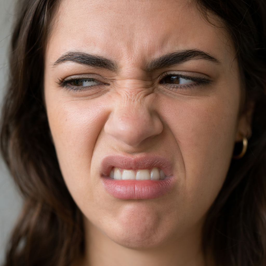 A close-up of a person's face showing clear disgust, nose wr