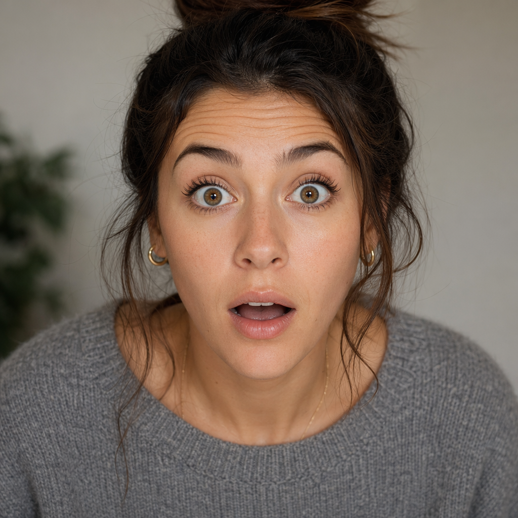 A portrait capturing genuine surprise — raised eyebrows, wid