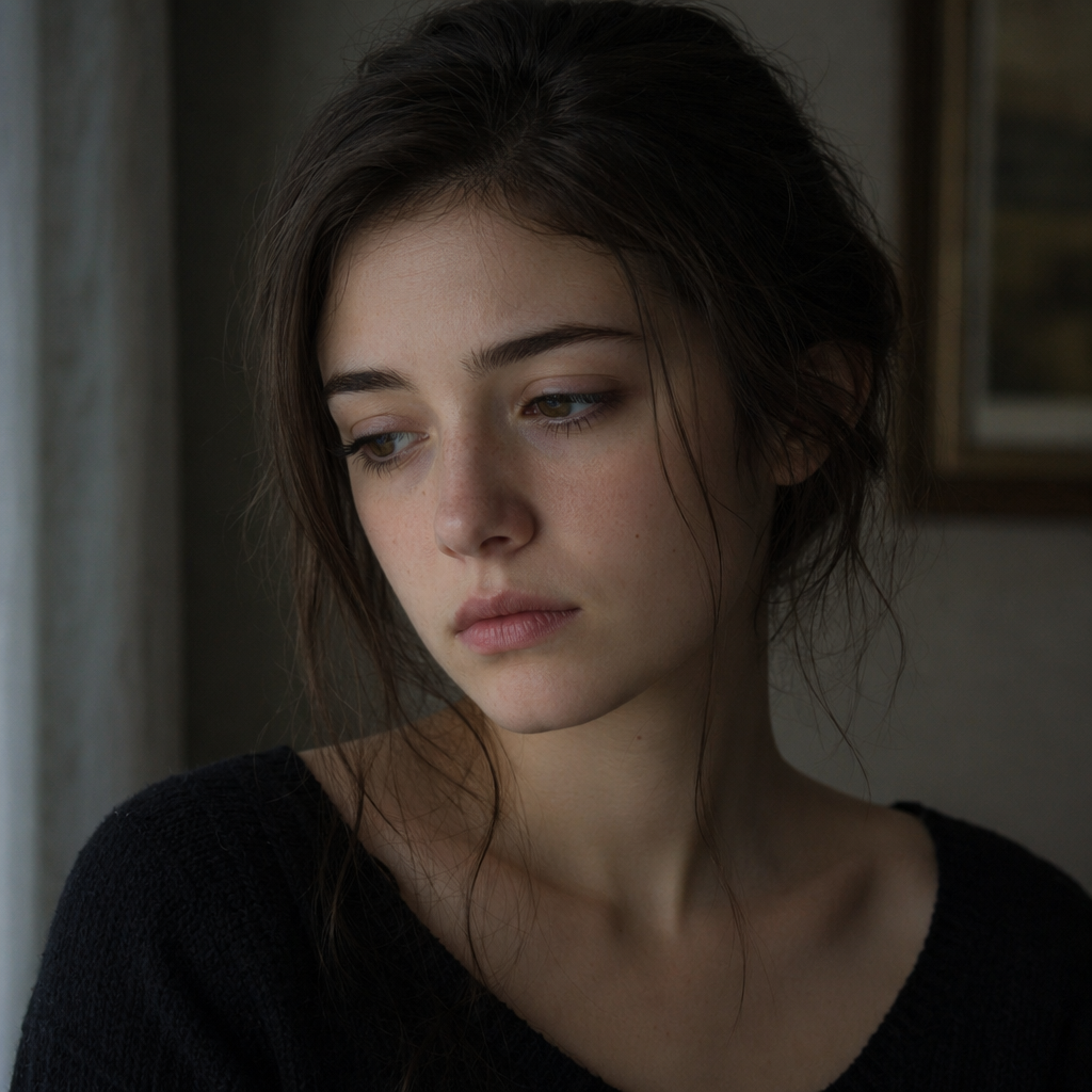 A face showing quiet melancholy — downcast eyes, slightly dr