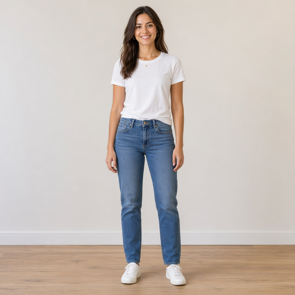 A woman standing upright in a relaxed pose, arms at her side
