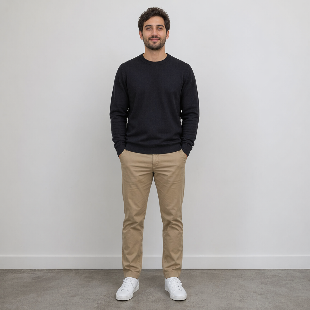 A man standing straight facing the camera, hands in pockets,
